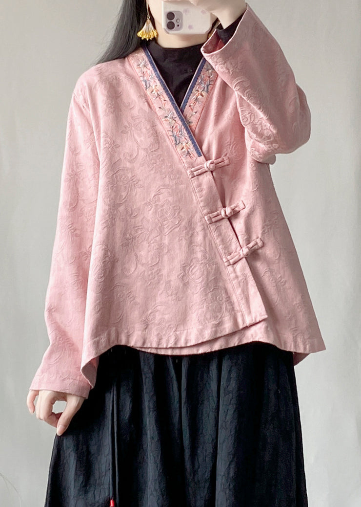 Natural Pink Embroidered Jacquard Cotton Oriental Shirt Spring