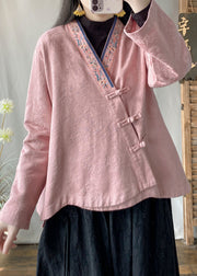 Natural Pink Embroidered Jacquard Cotton Oriental Shirt Spring