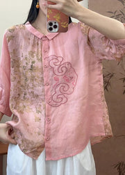 Natural Pink O-Neck Embroidered Patchwork Print Linen Top Spring