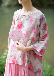 Natural Pink O Neck Print Chinese Button Linen Shirt Summer