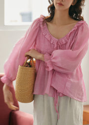 2024 Fall Cute Pink Chiffon Blouse Plus Size Shirt