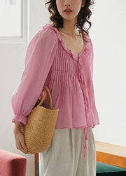 Natural Pink O-Neck Ruffled Patchwork Tie Waist Ramie Shirts Fall