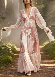 Natural Pink Print Lace Patchwork Chiffon Maxi Dresses Flare Sleeve