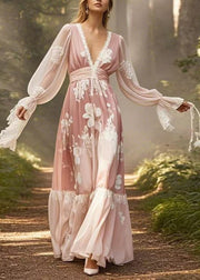 Natural Pink Print Lace Patchwork Chiffon Maxi Dresses Flare Sleeve