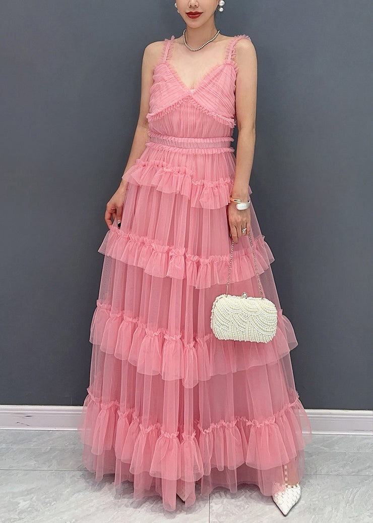 Natural Pink Ruffled Patchwork Tulle Spaghetti Strap Long Dress Summer