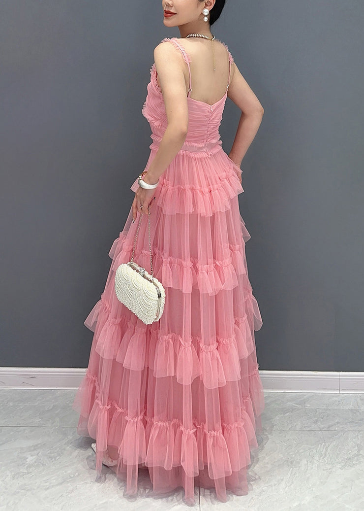 Natural Pink Ruffled Patchwork Tulle Spaghetti Strap Long Dress Summer
