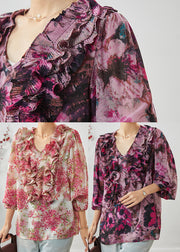 Natural Pink Ruffled Print Chiffon Shirts Spring