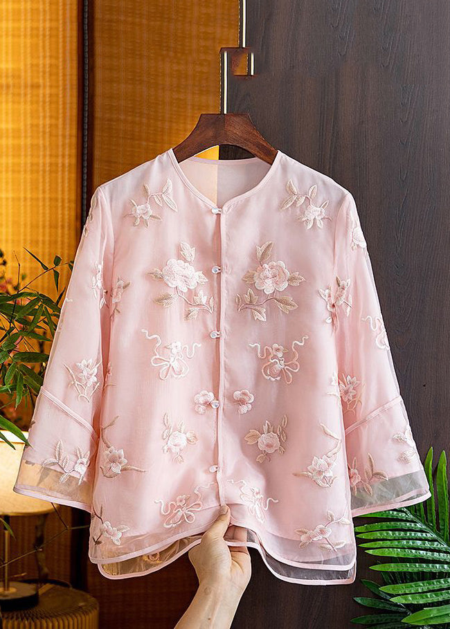 Natural Pink V Neck Embroidered Floral Tulle Shirts Spring