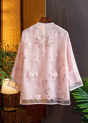 Natural Pink V Neck Embroidered Floral Tulle Shirts Spring