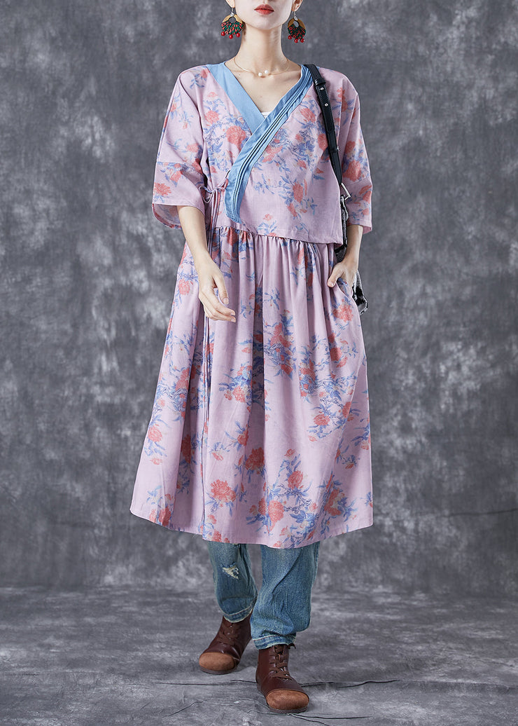 Natural Pink V Neck Patchwork Print Linen Robe Dresses Summer