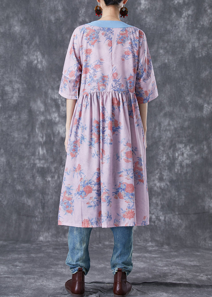 Natural Pink V Neck Patchwork Print Linen Robe Dresses Summer