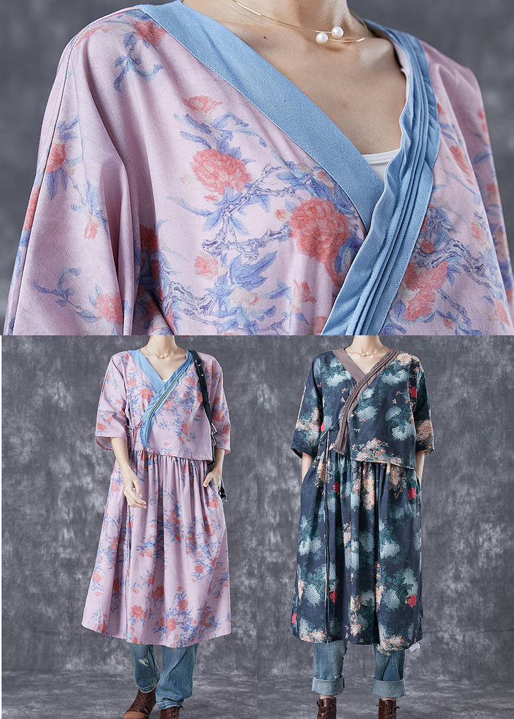 Natural Pink V Neck Patchwork Print Linen Robe Dresses Summer