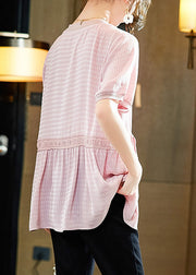 Natural Pink V Neck Plaid Solid Shirt Short Sleeve