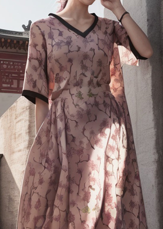 Natural Pink V Neck Print Patchwork Silk Dresses Summer