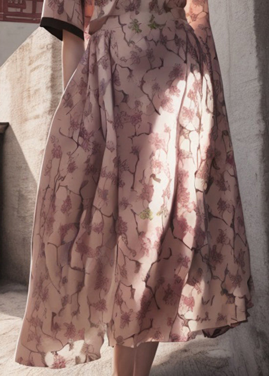 Natural Pink V Neck Print Patchwork Silk Dresses Summer
