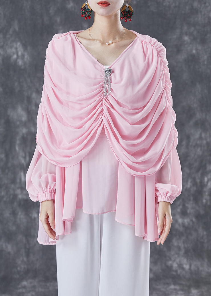 Natural Pink V Neck Wrinkled Chiffon Tops Summer