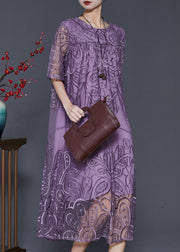 Natural Purple Embroidered Tulle Long Dresses Summer