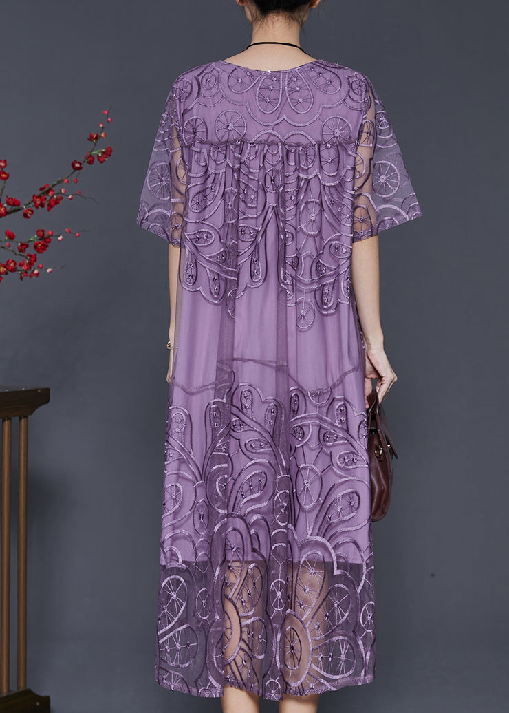 Natural Purple Embroidered Tulle Long Dresses Summer