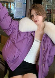 Natural Purple Fur Collar Pockets Patchwork Duck Down Coat Winter