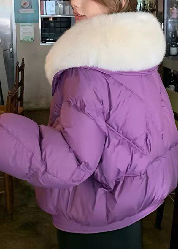 Natural Purple Fur Collar Pockets Patchwork Duck Down Coat Winter