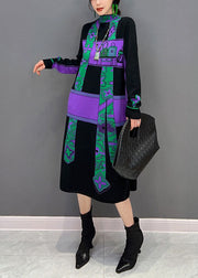 Natural Purple Hign Neck Print Patchwork Knit Dresses Winter