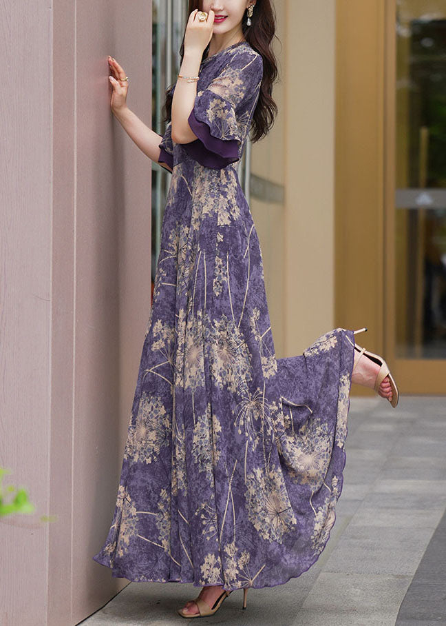 Natural Purple O-Neck Print Patchwork High Waist Chiffon Maxi Beach Dresses Half Sleeve