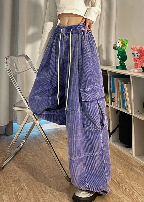 Natural Purple Pockets Patchwork Corduroy Wide Leg Pants Spring