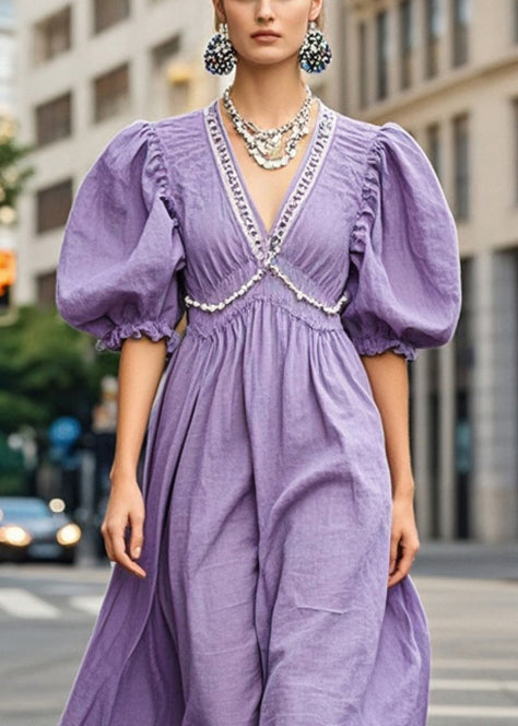 Natural Purple Puff Sleeve Nail Bead Cotton Long Dress