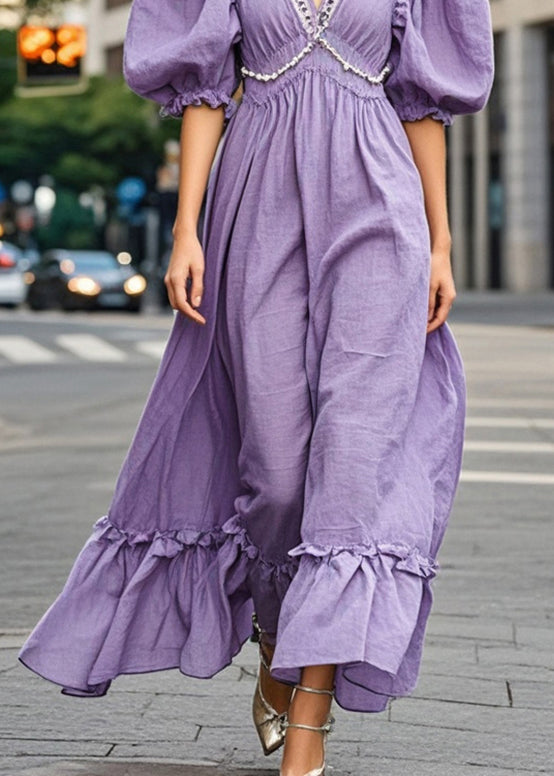 Natural Purple Puff Sleeve Nail Bead Cotton Long Dress