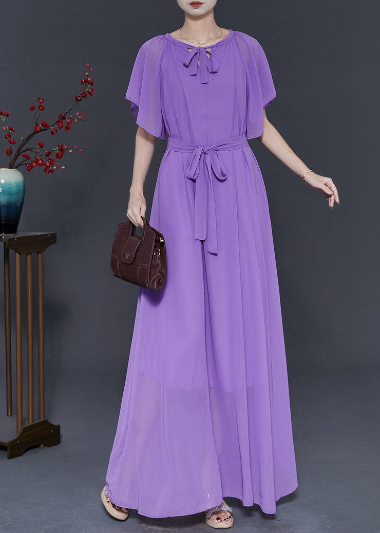 Natural Purple Tie Waist Chiffon Holiday Dress Summer