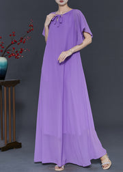 Natural Purple Tie Waist Chiffon Holiday Dress Summer