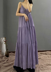 Natural Purple V Neck Patchwork Chiffon Long Spaghetti Strap Dress Summer