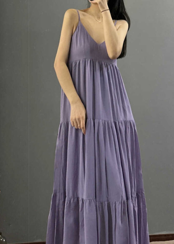 Natural Purple V Neck Patchwork Chiffon Long Spaghetti Strap Dress Summer