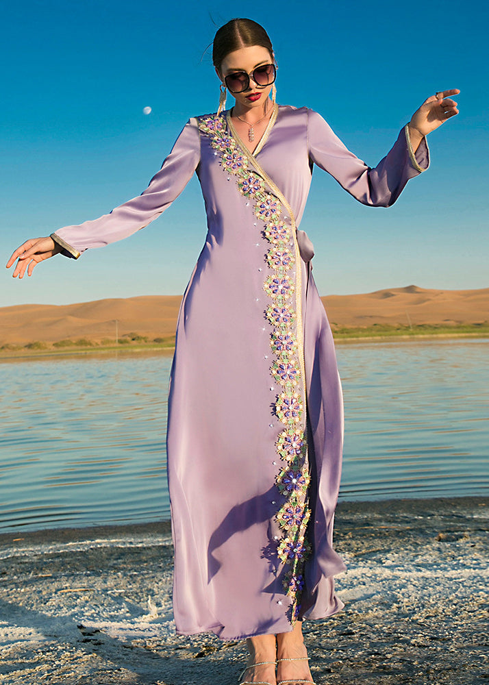 Natural Purple V Neck Patchwork Tie Waist Chiffon Maxi Dresses Long Sleeve