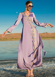 Natural Purple V Neck Patchwork Tie Waist Chiffon Maxi Dresses Long Sleeve