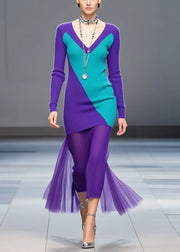 Natural Purple V Neck Patchwork Tulle Knit Dress Fall