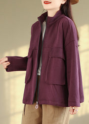 Natural Purple Zip Up Pockets Patchwork Warm Fleece Jackets Fall