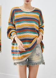 Natural Rainbow Striped Hollow Out Knit Sweater Spring