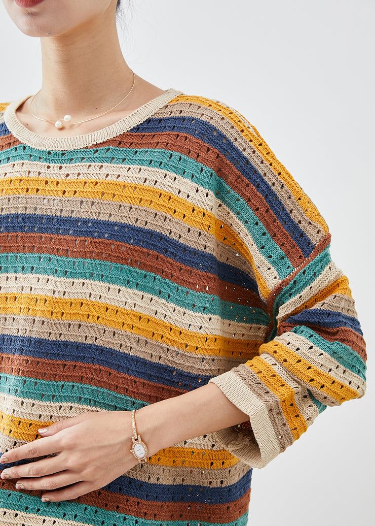 Natural Rainbow Striped Hollow Out Knit Sweater Spring