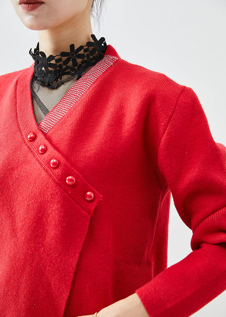 Natural Red Asymmetrical Button Knit Sweaters Winter