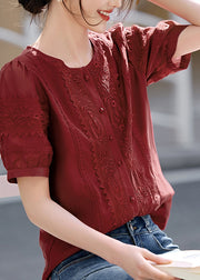 Natural Red O-Neck Embroidered Cotton Blouses Summer