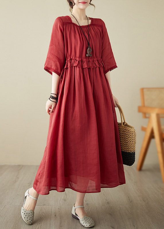 Natural Red O-Neck Ruffled Patchwork Tunic Chiffon Long Dress Short Sleeve