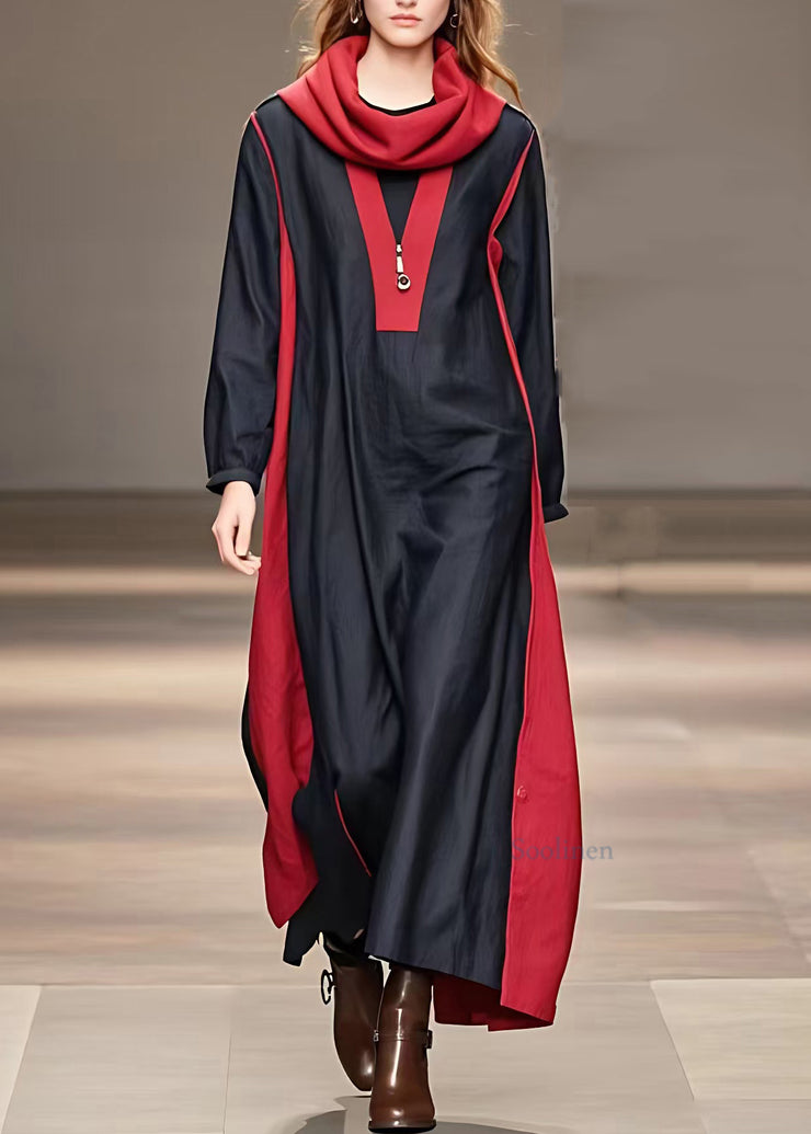 Natural Red Patchwork Black Zippered Maxi Dresses Fall