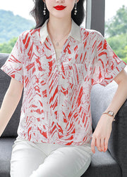 Natural Red Peter Pan Collar Print Chiffon Top Summer