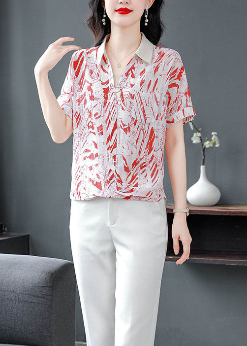 Natural Red Peter Pan Collar Print Chiffon Top Summer