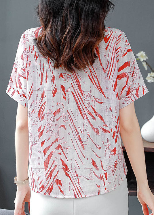 Natural Red Peter Pan Collar Print Chiffon Top Summer