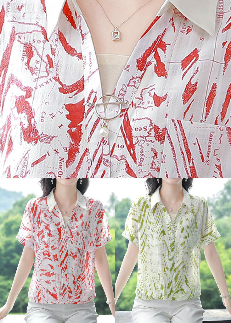 Natural Red Peter Pan Collar Print Chiffon Top Summer