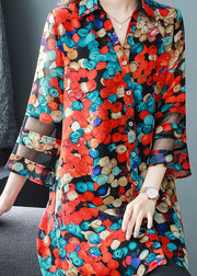 Natural Red Peter Pan Collar Print Patchwork Chiffon Shirts Tops Bracelet Sleeve