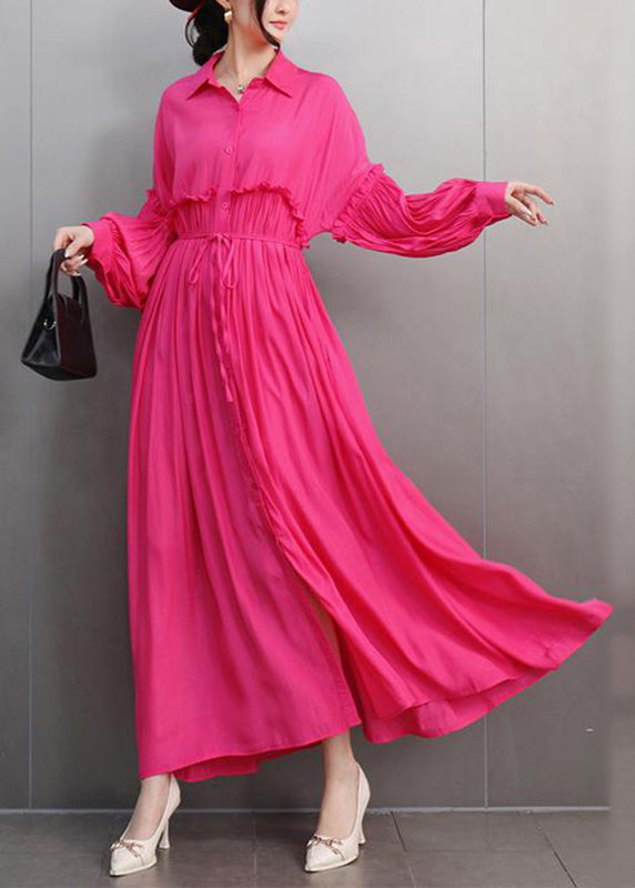 Natural Red Peter Pan Collar Ruffled Patchwork Maxi Dresses Long Sleeve