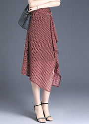 Natural Red Plaid Asymmetrical Chiffon Skirt Summer